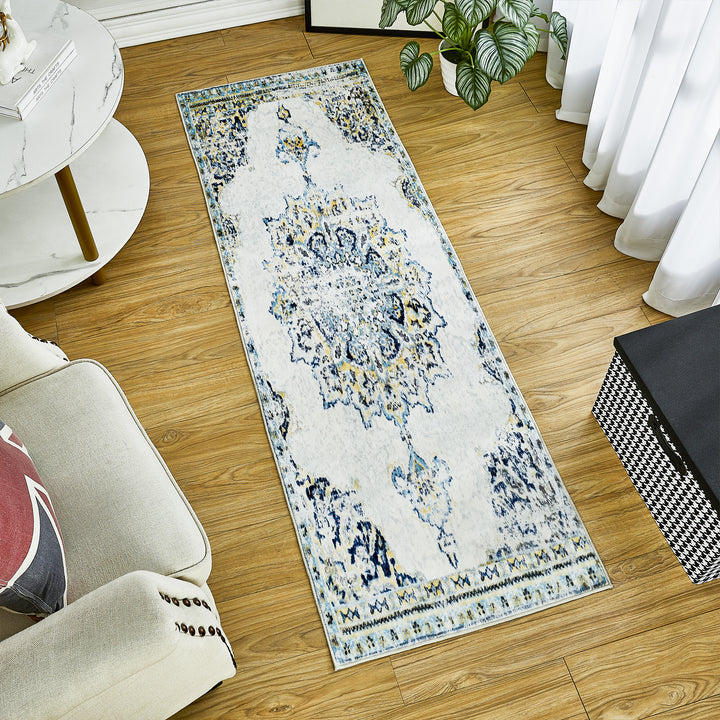 Yullili 4"x6" Area Rug for Living Room Vintage Oriental Washable Low Pile Non-Slip Rugs, Soft Decorative Room Boho Carpet Hallway Rug for Bedside, Playroom, Indoor Decor, Yellow/Blue