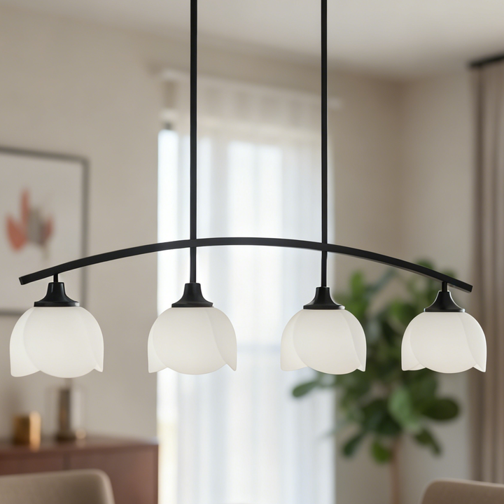 Twilight 4-Light 36"W Black/Brass Modern Linear Pendant Chandelier With Flower Frosted Glass Shades For Dining Room Or Kitchen Island #P39015
