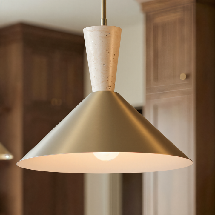1-Light 13.8"W Black Metal Modern Cone Pendant With Marble Decoration For Kitchen Island Or Dining Room #19236