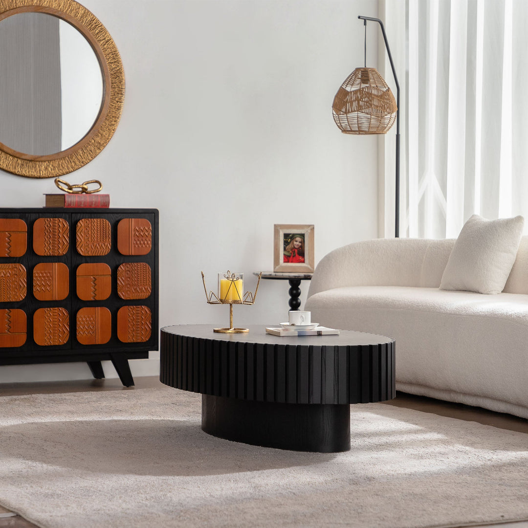 Timeless Round Coffee Table Handcrafted Relief Wooden Olive-Shaped Tea Table For Living Room #25013