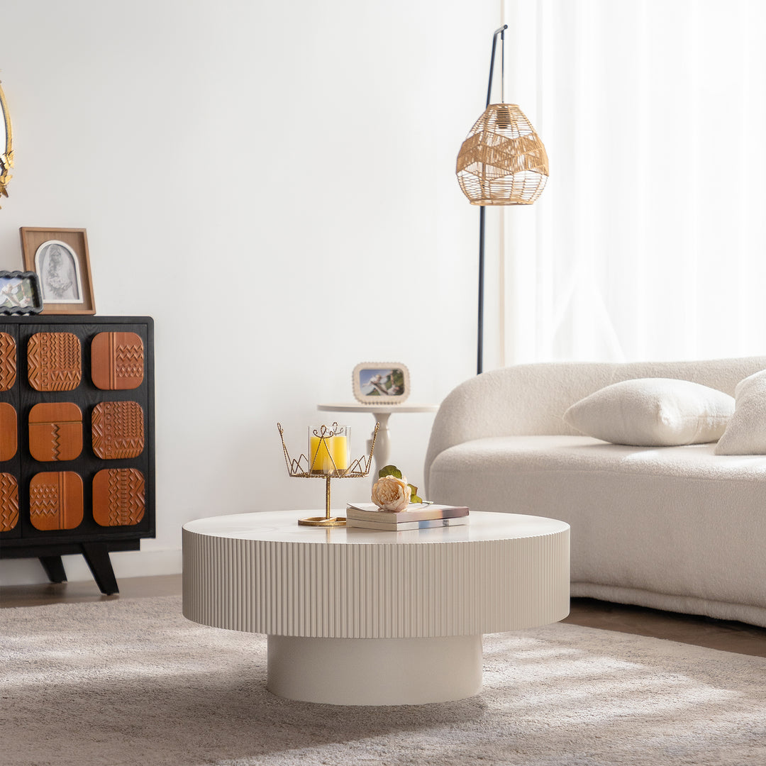 Timeless 31.5 Inch Modern Round Coffee Table With Solid Wood Groove Design For Living Room #25016