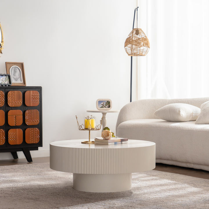 Timeless 31.5 Inch Modern Round Coffee Table With Solid Wood Groove Design For Living Room #25016