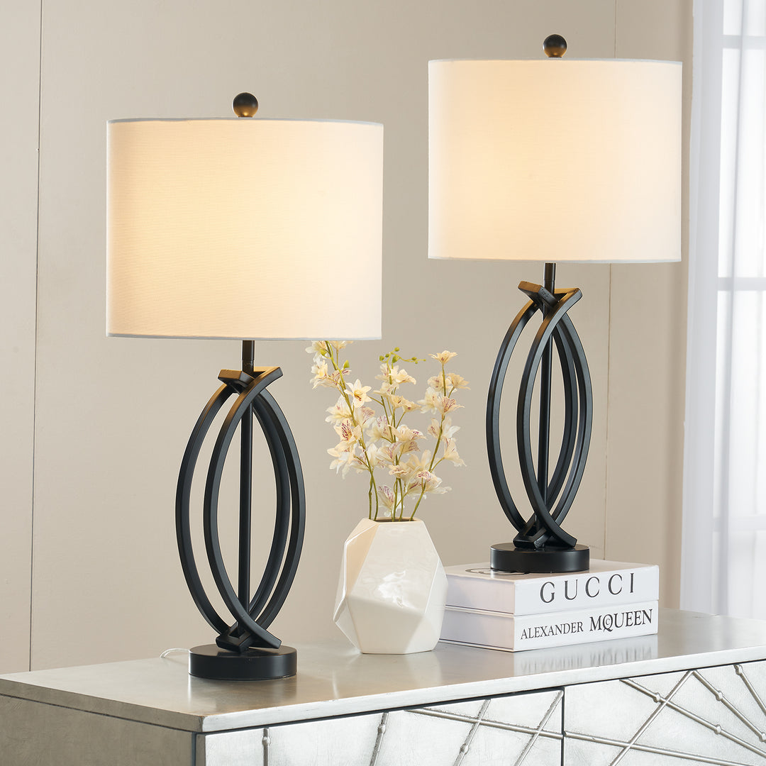 Contemporary Metal Table Lamps with Beige Shades (Pair)