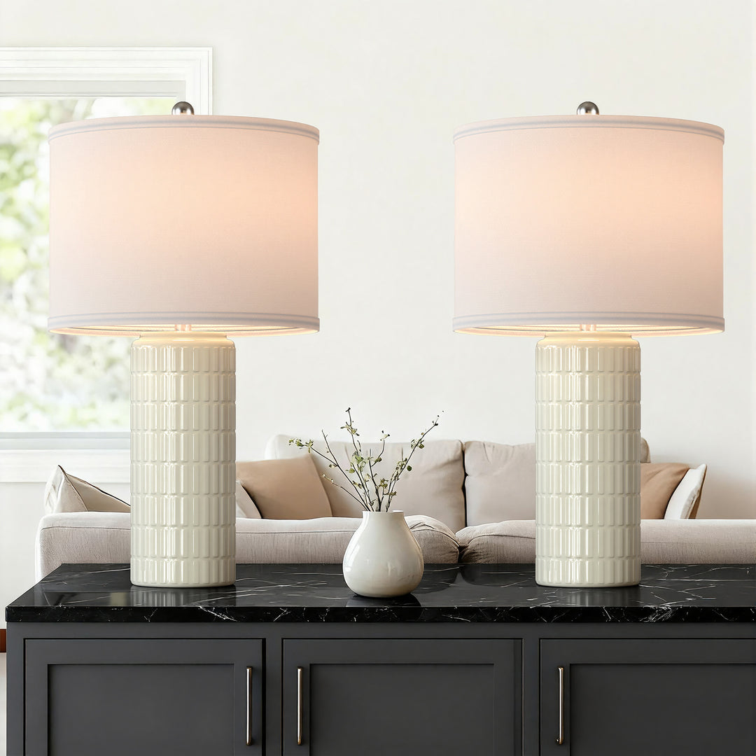 Aura 23" Contemporary Ceramic Table Lamp With Linen Shade, Modern Minimalist Design (Set of 2) #T282