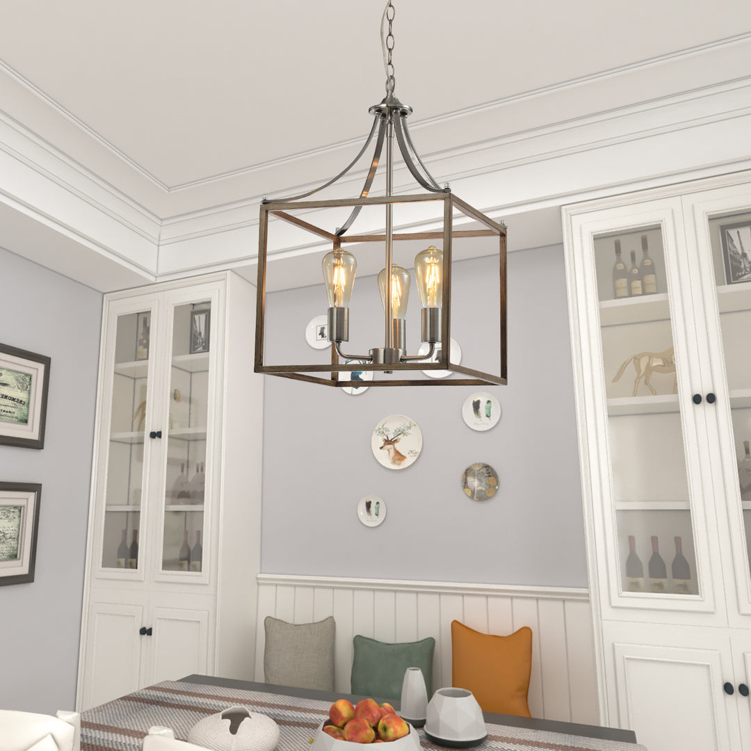 Maxax 3 - Light Lartern Square / Rectangle Wood / Sand Nickel Pendant With Wrought Iron #MX21031-3WD