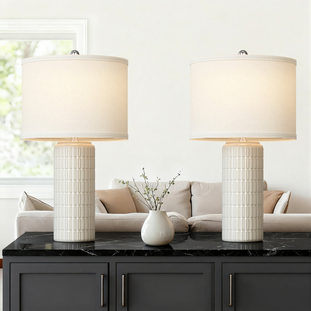 Aura 23" Contemporary Ceramic Table Lamp With Linen Shade, Modern Minimalist Design (Set of 2) #T282