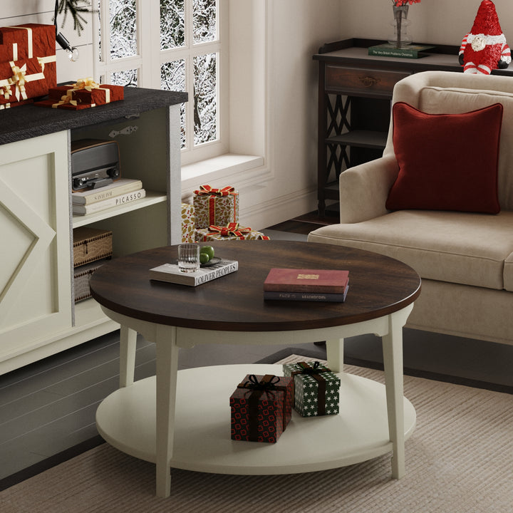 Timeless 31.5'' Round Modern Solid Wood Coffee Table With 2-Tier Shelves #51003