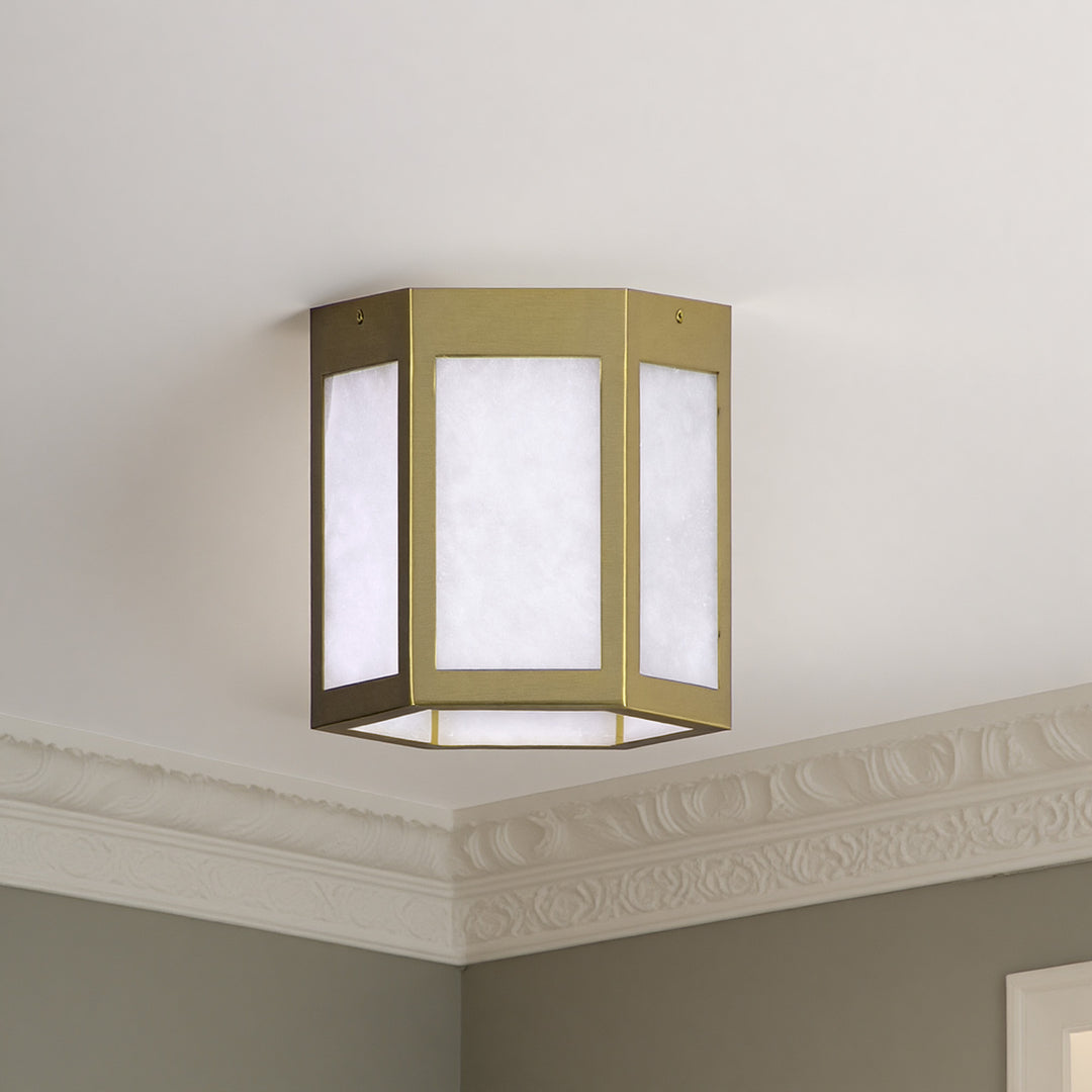 Nest 9.8" 1-Light Modern Brushed Brass White Jade Marble Lantern Flush Mount For Hallway/Entryway/Stairway #19238