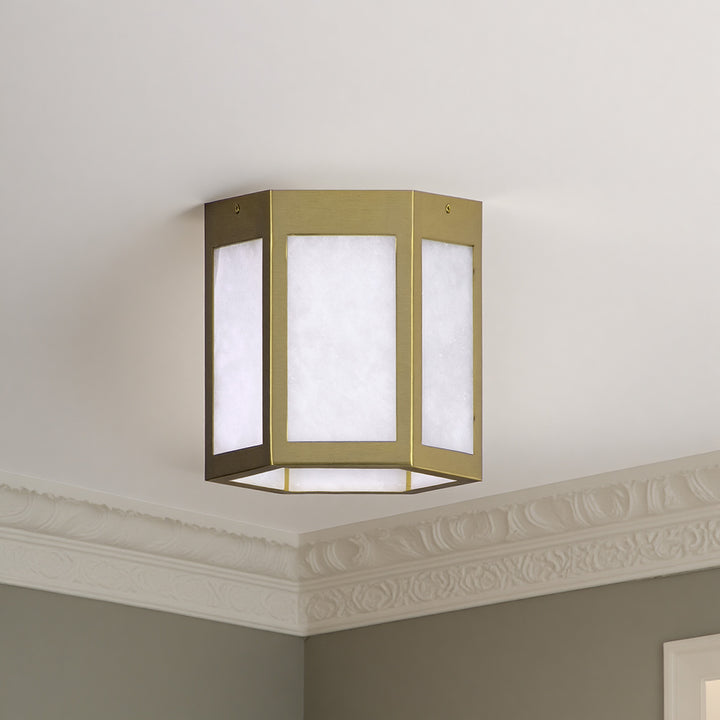 Nest 9.8" 1-Light Modern Brushed Brass White Jade Marble Lantern Flush Mount For Hallway/Entryway/Stairway #19238