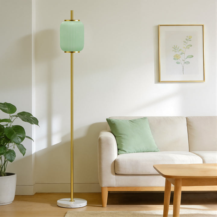 64" Modern Brass Floor Lamp With Ribbed Green Glass Shade And Marble Base, Tall Standing Light For Living Room And Bedroom #