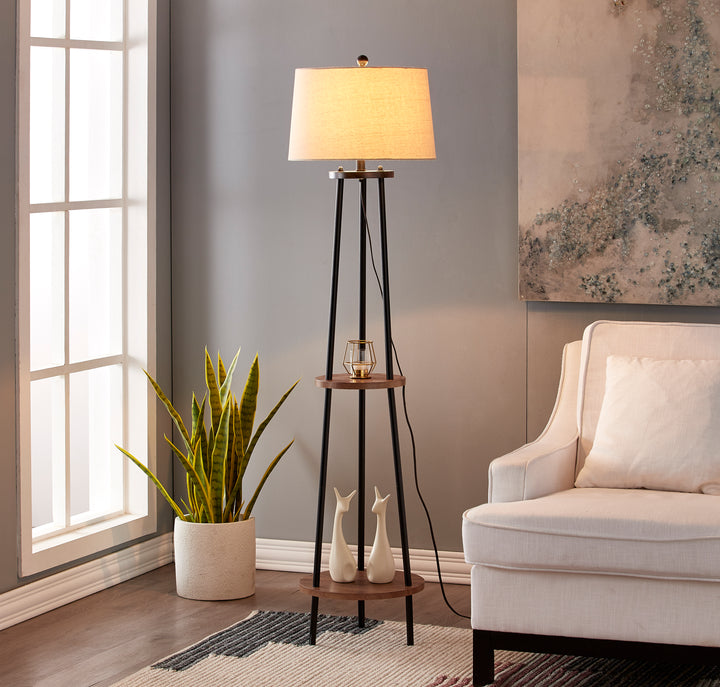 Modern Tripod Floor Lamp with Shelf and Oatmeal Shade #F66