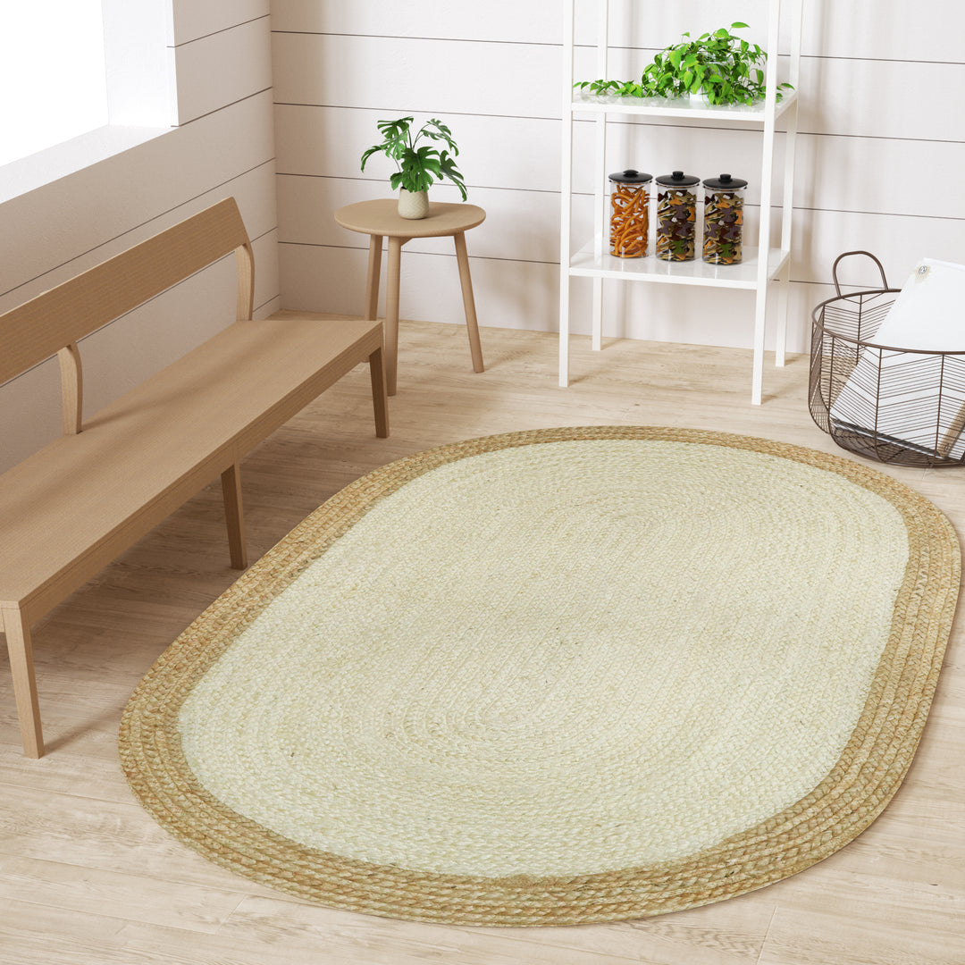 4modernhome Jute Hand Braided Zigzag Stitch Natural Fibers Farmhouse Style Area Rug For Dining Room Living Room Kitchen, Off White/Natural #DT23-6