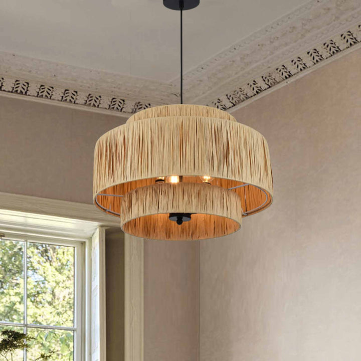 Maxax 3 - Light Dimmable Drum Chandelier Natural Paper Rope Hanging Pendant Light 3-Tiered #MX5001