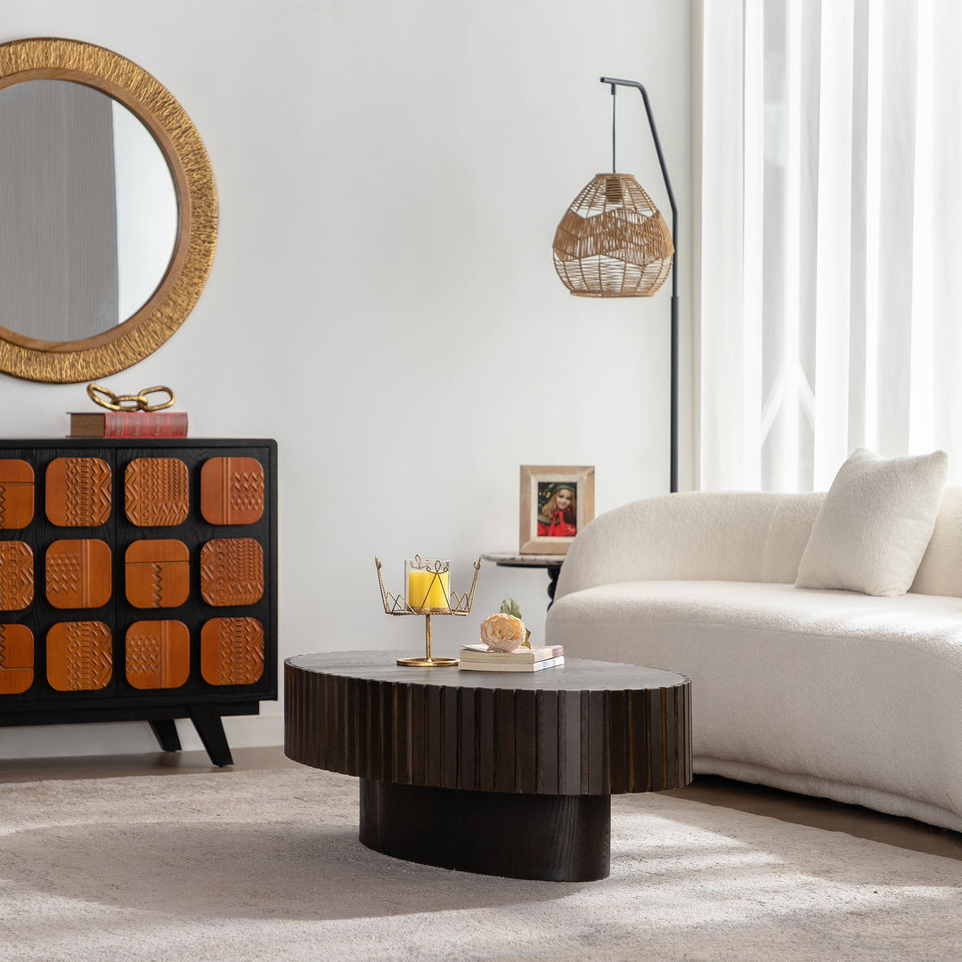 Timeless Round Coffee Table Handcrafted Relief Wooden Olive-Shaped Tea Table For Living Room #25013
