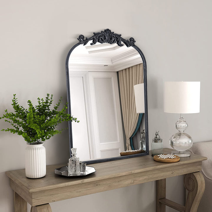 Opulence 20 in. W x 30 in. H Vintage Carved Arched Framed Wall Bathroom Vanity Mirror in Cast Iron Floral #31009