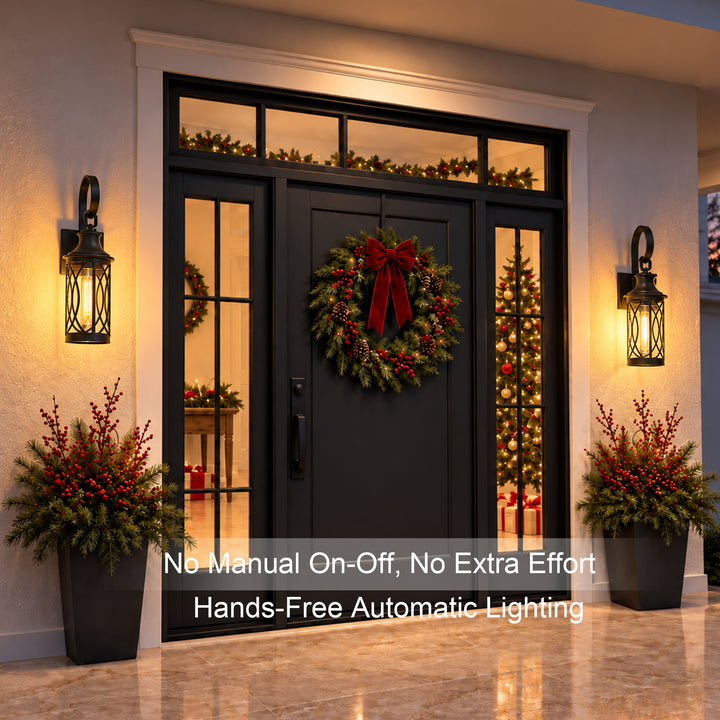 20" Farmhouse Outdoor Wall Sconces with Dusk-to-Dawn Sensor, Waterproof Matte Black Lanterns with Clear Glass, Set of 2 