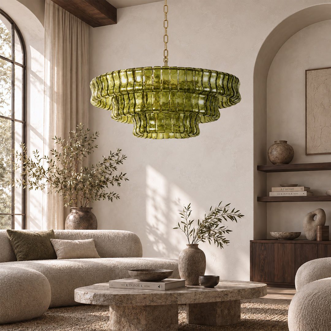 Lumen 9-Light 32"W Polished Brass Modern Tired Chandelier with Hand-Blown Amber Glass for Dining Room or Living Room 