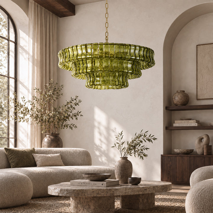 Lumen 9-Light 32"W Polished Brass Modern Tired Chandelier with Hand-Blown Amber Glass for Dining Room or Living Room 