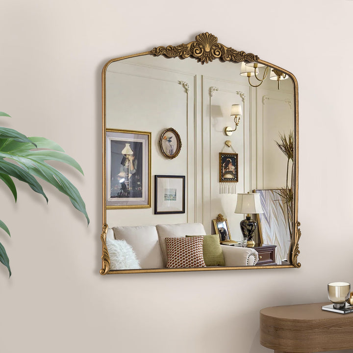 Opulence 37 in. W x 40 in. H Baroque Carved Vintage Gold Arched Framed Wall Bathroom Vanity Mirror #30002