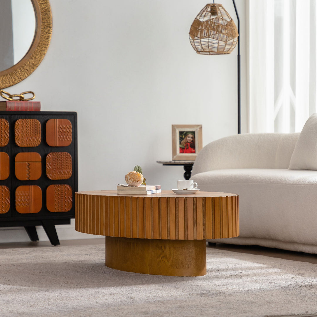 Timeless Round Coffee Table Handcrafted Relief Wooden Olive-Shaped Tea Table For Living Room #25013