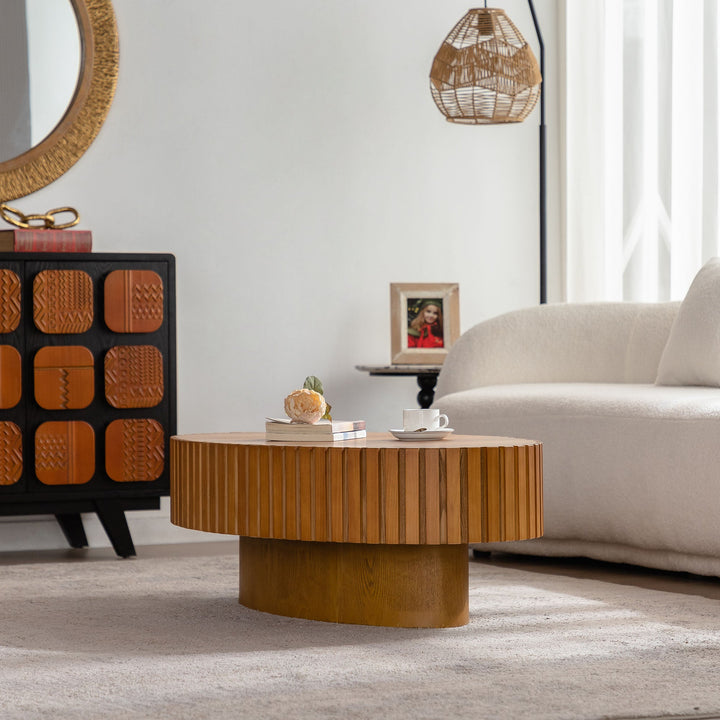 Timeless Round Coffee Table Handcrafted Relief Wooden Olive-Shaped Tea Table For Living Room #25013