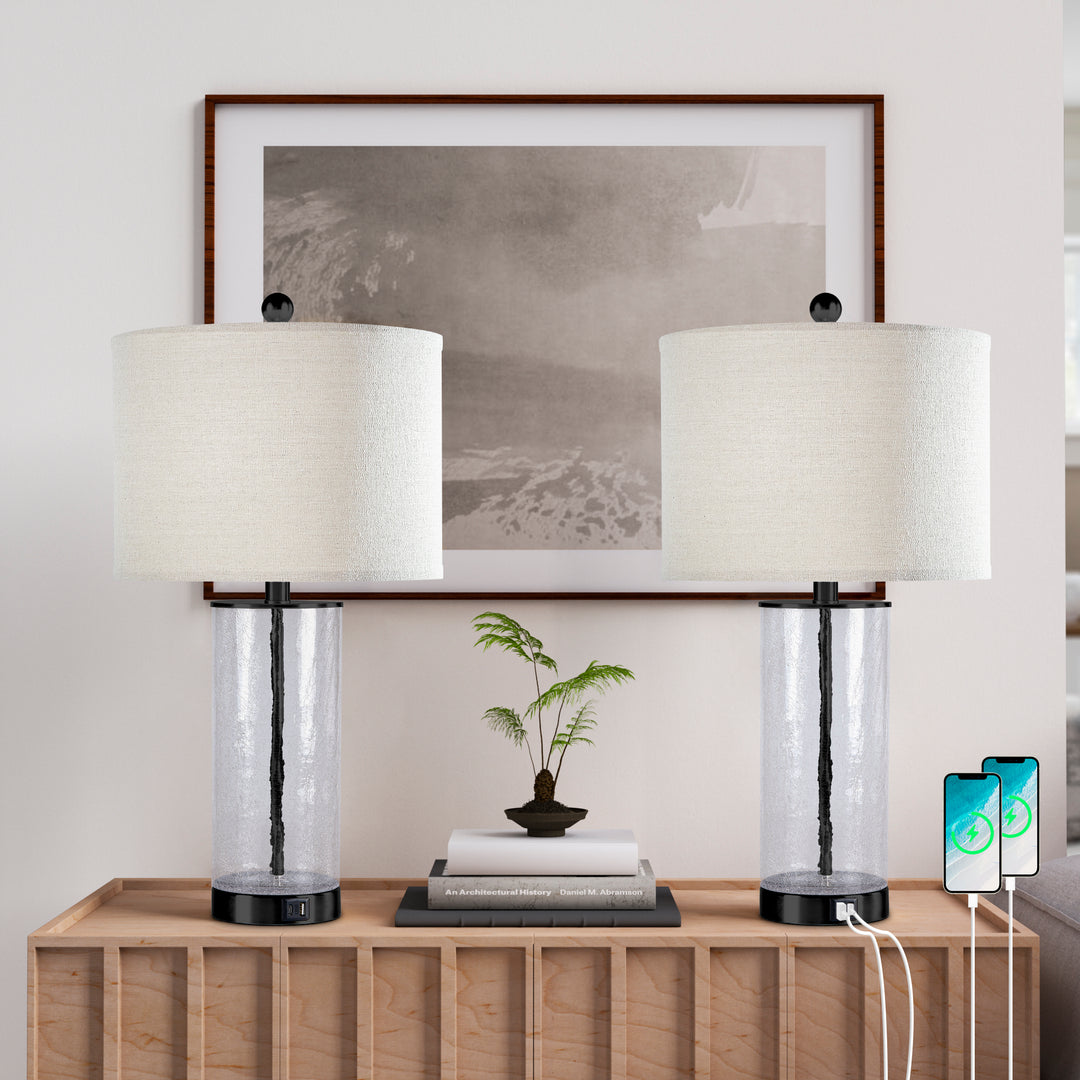 23.25" Modern Glam Glass And Metal Table Lamp With Usb For Living Room/bedroom (Set of 2) #T263