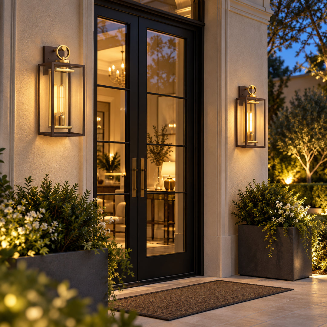 18.11" 1-Light Dusk-to-Dawn Outdoor Wall Sconce, Waterproof Matte Black Lantern with Clear Glass &amp; Brushed Gold Interior 