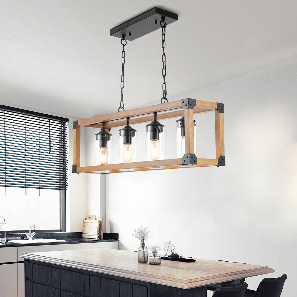 Farmhouse Pendant Light - 5-Light Kitchen Island Chandelier With Wood & Metal Frame - Adjustable Hanging Light
