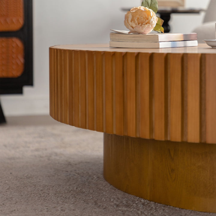 Timeless Round Coffee Table Handcrafted Relief Wooden Olive-Shaped Tea Table For Living Room #25013