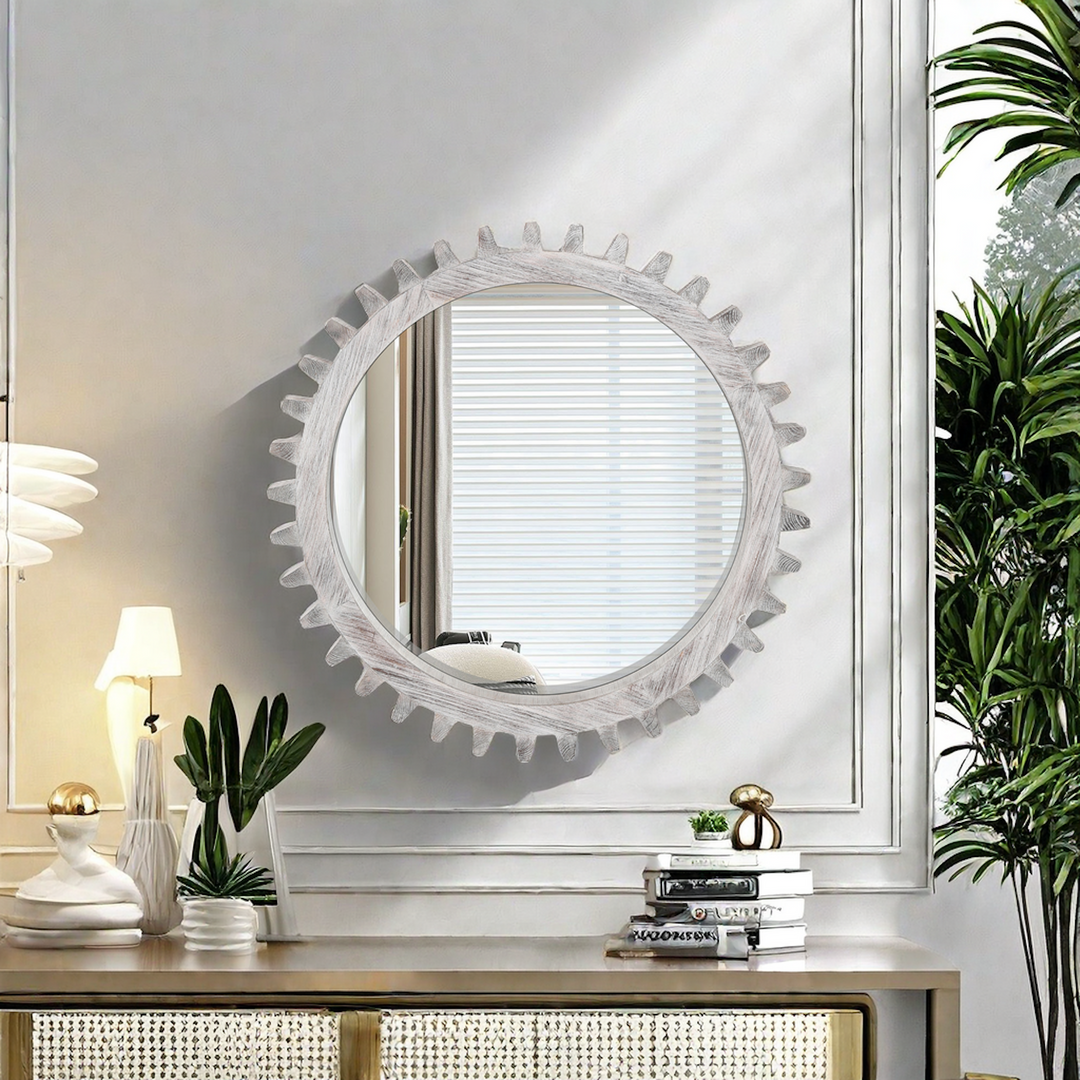 Wood Round Gear-Shaped Hanging Decorative Wall Mirror