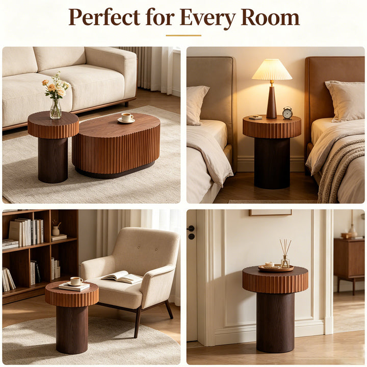 Timeless 2-Piece Mid-Century Modern Coffee Table Set with Oval Drum Coffee Table & Round Pedestal Side Table, Walnut Brown #25037