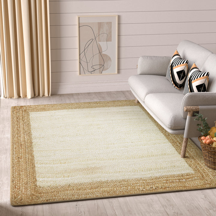 4modernhome Jute Hand Braided Zigzag Stitch Natural Fibers Farmhouse Style Area Rug For Dining Room Living Room Kitchen, Off White/Natural #DT23-2