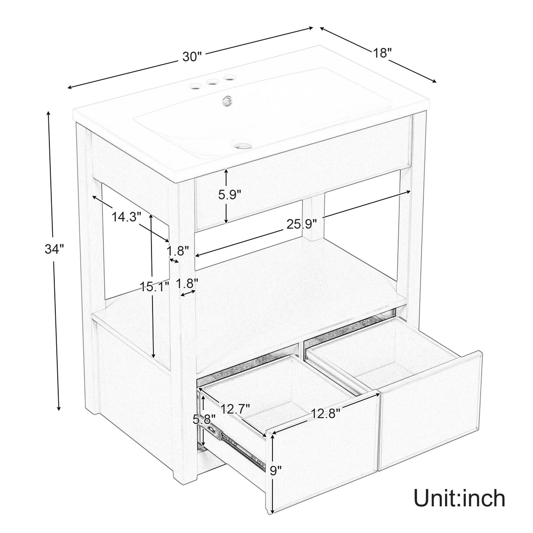 30'' Single Bathroom Vanity Cabinet With Ceramic Top #BV-005