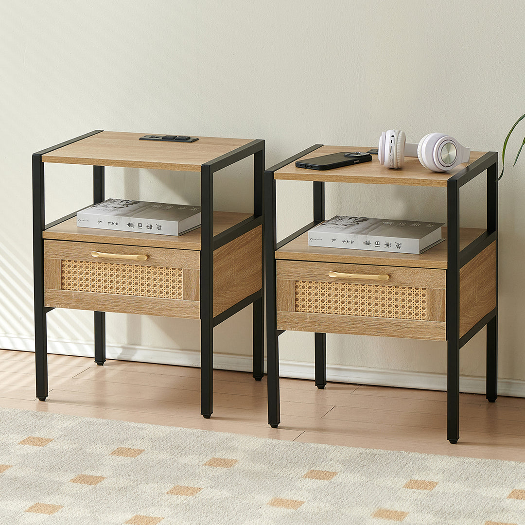 Modern Minimalist Solid Wood Side Table, Woven Design + USB Smart Charging Function(Set of 2)