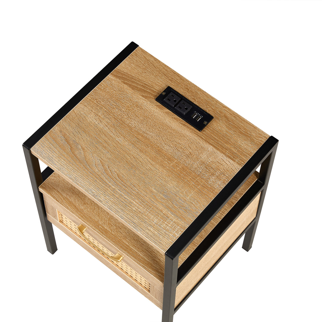 Modern Minimalist Solid Wood Side Table, Woven Design + USB Smart Charging Function(Set of 2)