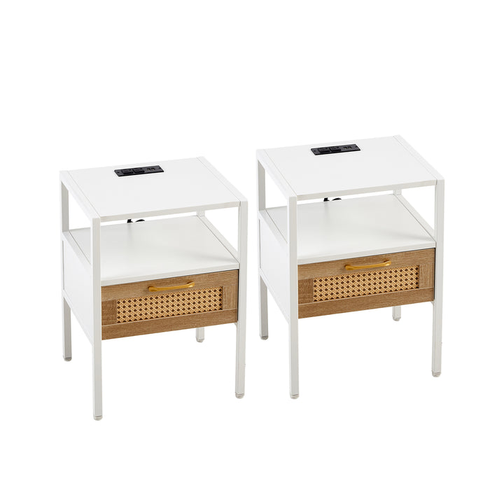 Modern Minimalist Solid Wood Side Table, Woven Design + USB Smart Charging Function(Set of 2)