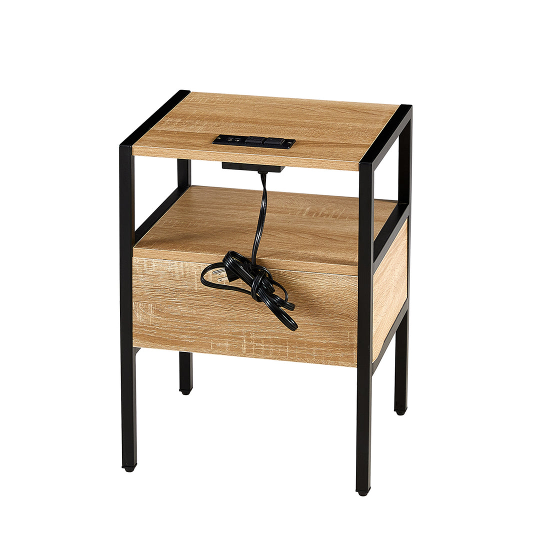 Modern Minimalist Solid Wood Side Table, Woven Design + USB Smart Charging Function(Set of 2)