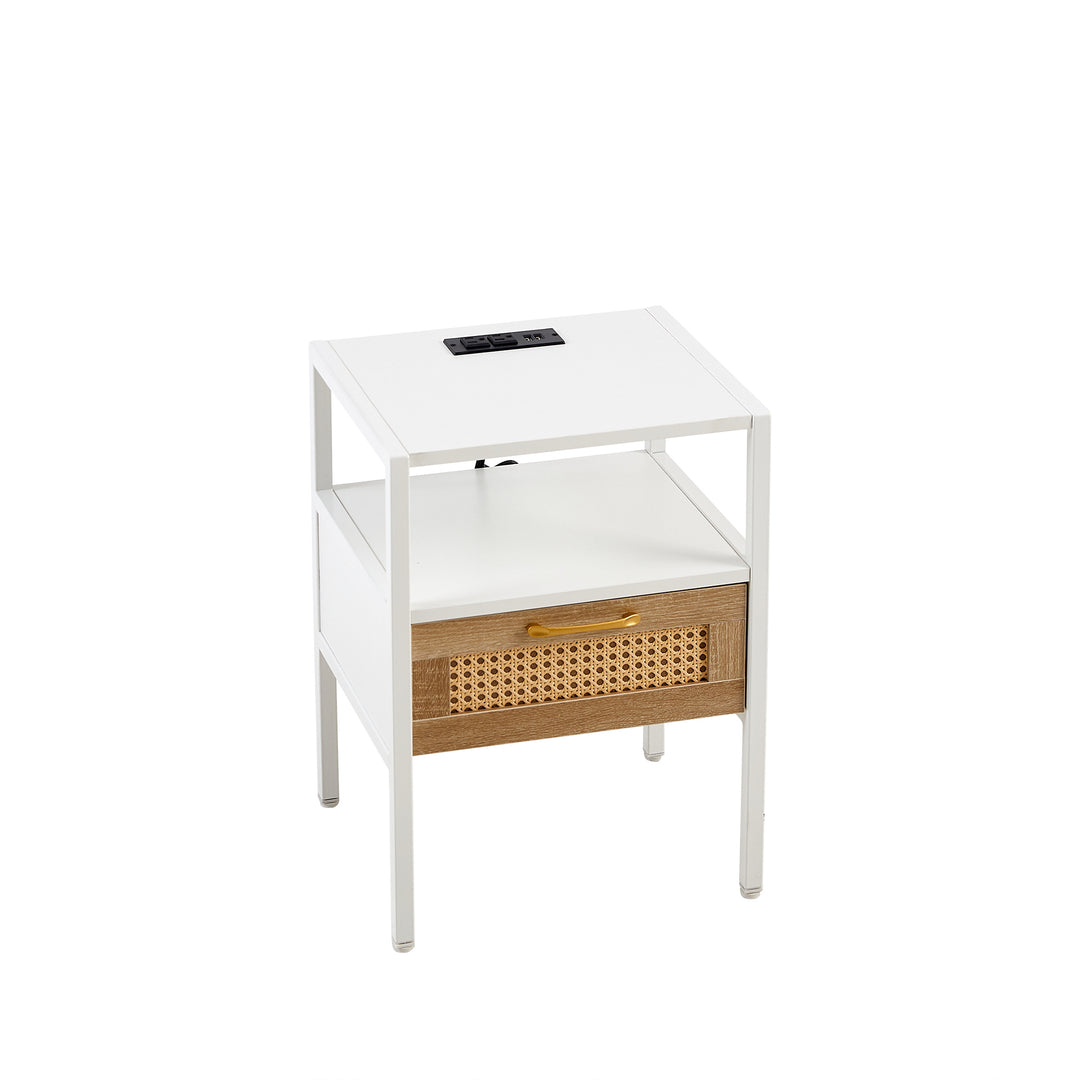 Modern Minimalist Solid Wood Side Table, Woven Design + USB Smart Charging Function(Set of 2)