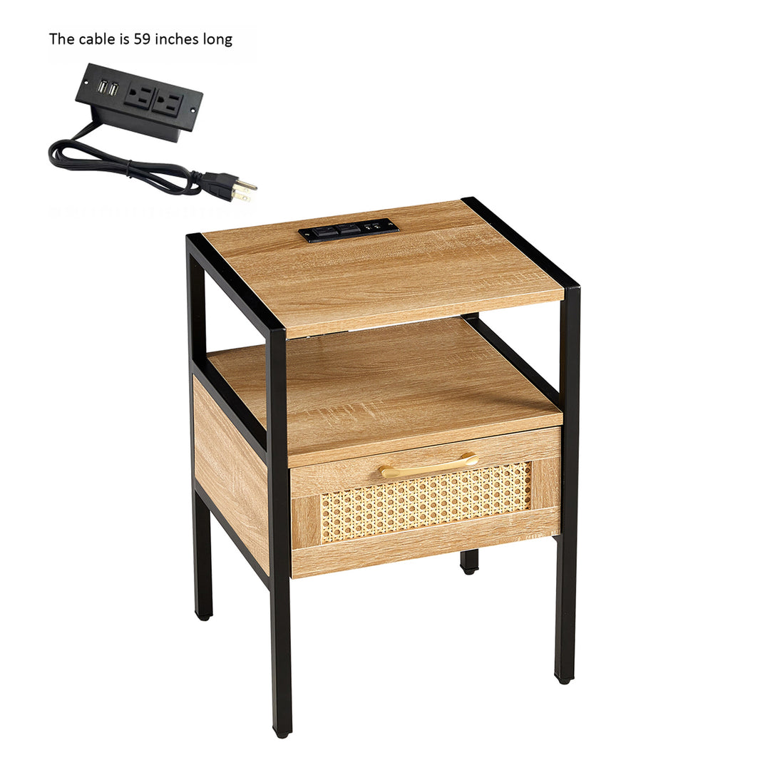 Modern Minimalist Solid Wood Side Table, Woven Design + USB Smart Charging Function(Set of 2)