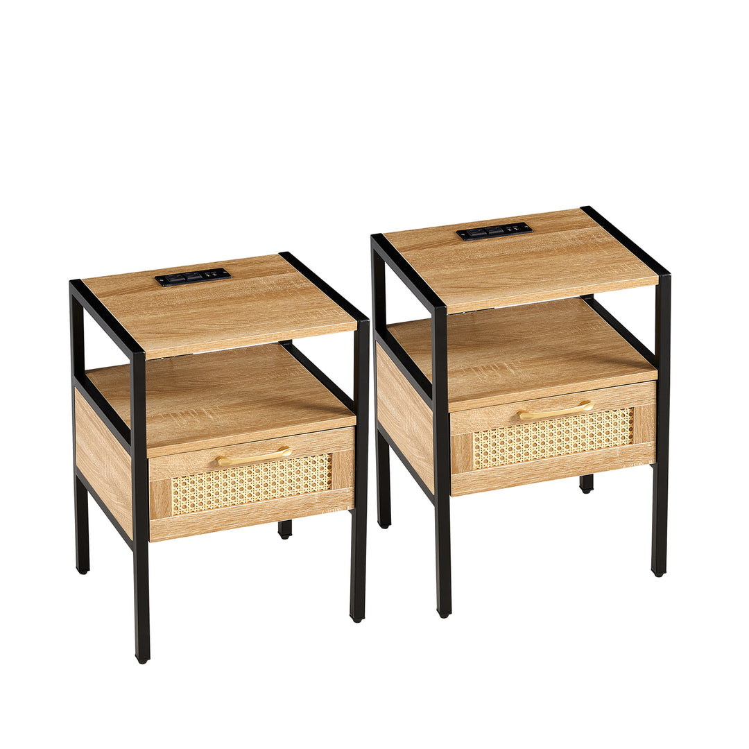 Modern Minimalist Solid Wood Side Table, Woven Design + USB Smart Charging Function(Set of 2)