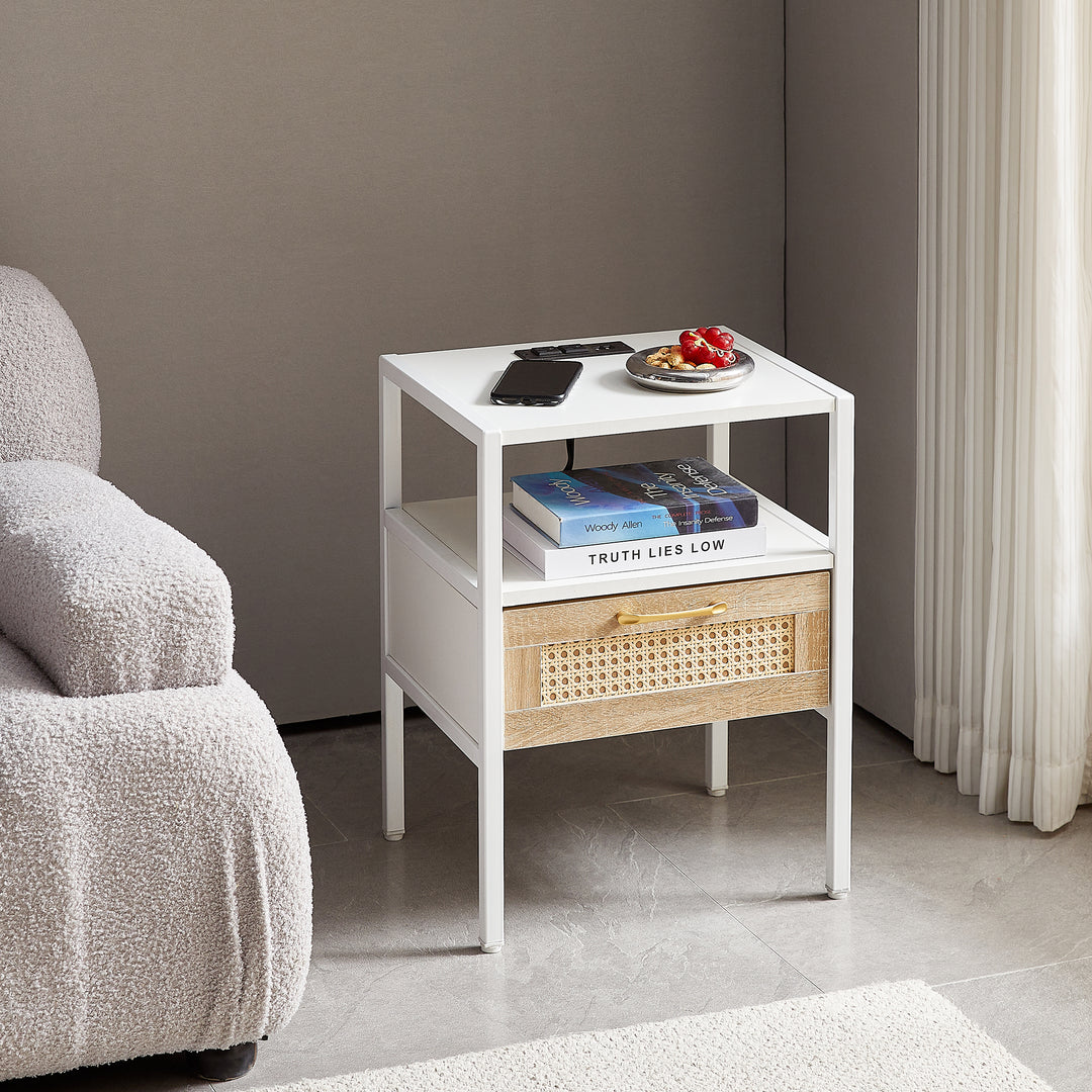 Modern Minimalist Solid Wood Side Table, Woven Design + USB Smart Charging Function(Set of 2)