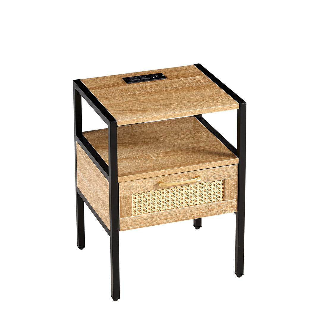 Modern Minimalist Solid Wood Side Table, Woven Design + USB Smart Charging Function(Set of 2)