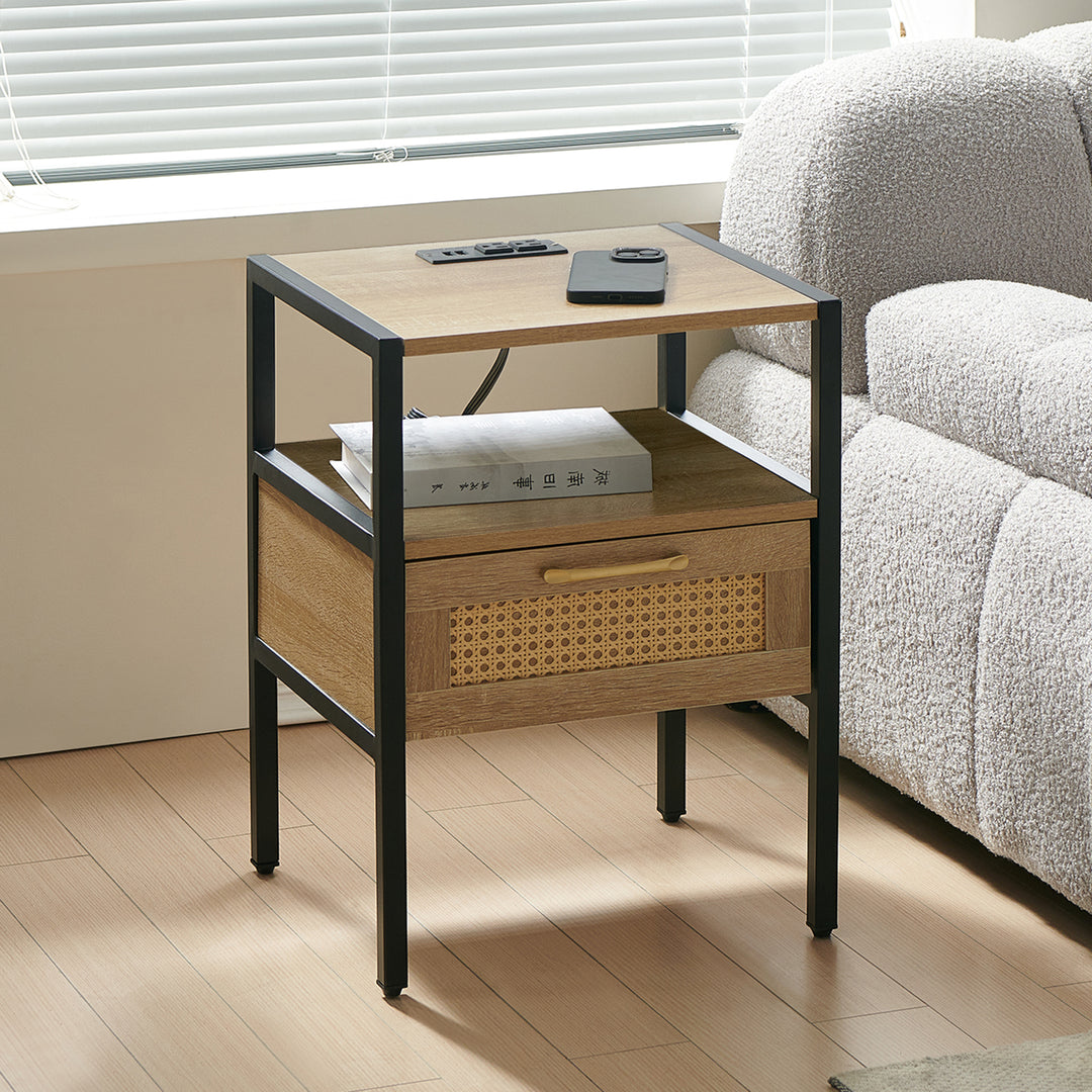 Modern Minimalist Solid Wood Side Table, Woven Design + USB Smart Charging Function(Set of 2)