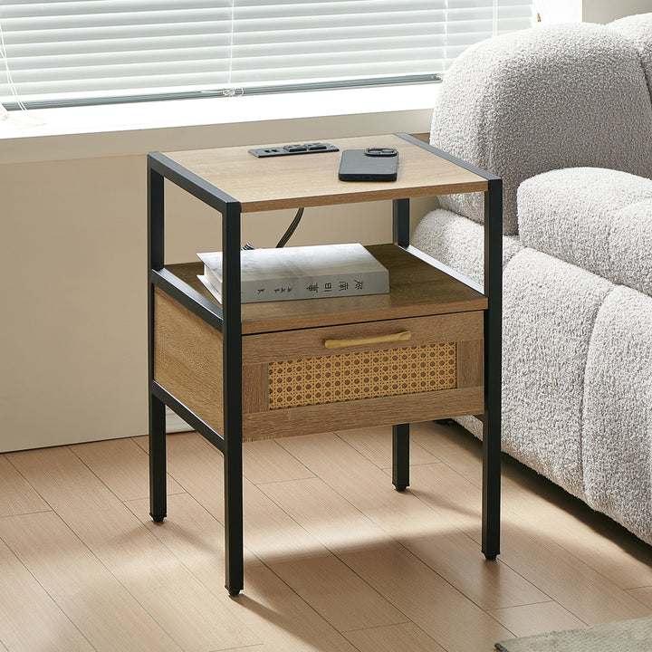 Modern Minimalist Solid Wood Side Table, Woven Design + USB Smart Charging Function(Set of 2)