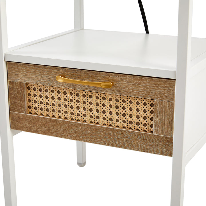 Modern Minimalist Solid Wood Side Table, Woven Design + USB Smart Charging Function(Set of 2)