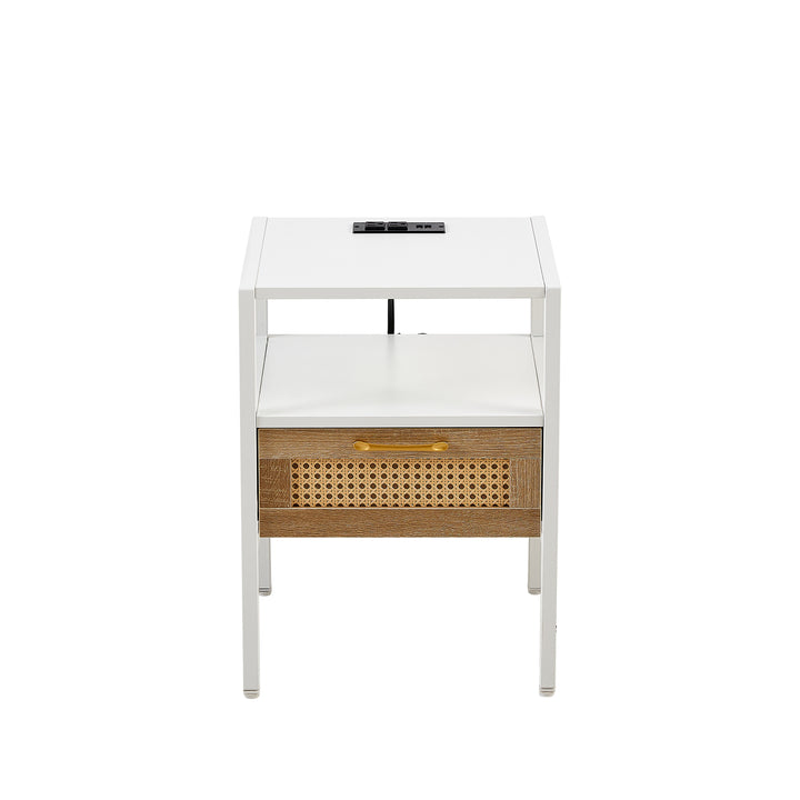 Modern Minimalist Solid Wood Side Table, Woven Design + USB Smart Charging Function(Set of 2)