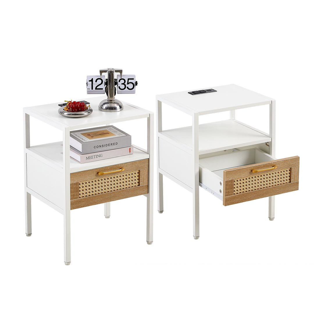 Modern Minimalist Solid Wood Side Table, Woven Design + USB Smart Charging Function(Set of 2)