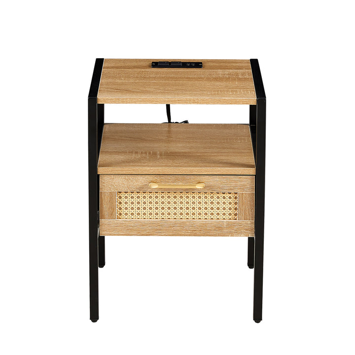 Modern Minimalist Solid Wood Side Table, Woven Design + USB Smart Charging Function(Set of 2)