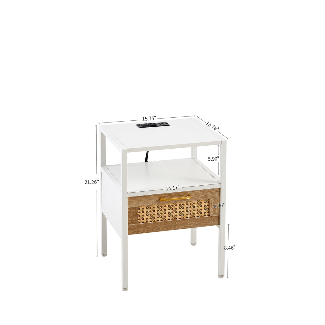 Modern Minimalist Solid Wood Side Table, Woven Design + USB Smart Charging Function(Set of 2)