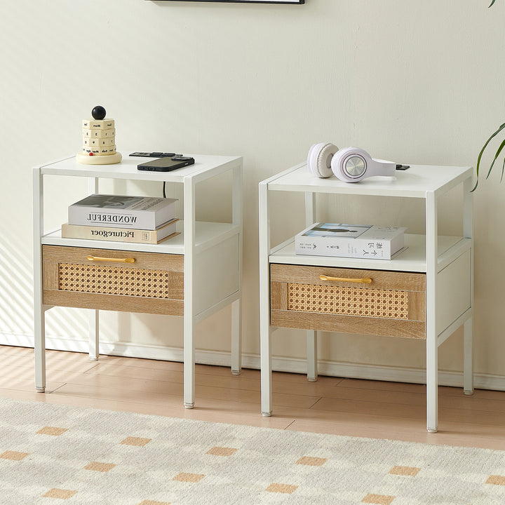 Modern Minimalist Solid Wood Side Table, Woven Design + USB Smart Charging Function(Set of 2)